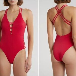 NWT Nicole Miller Women's Pink Ribbed Cutout One-Piece